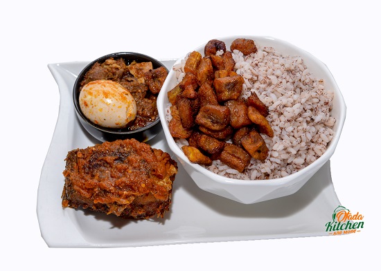 Big Ofada Rice & Ofada Sauce, Plantain, Boiled Egg, Peppered Fried Fish
