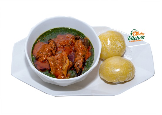 Eba with Ewedu, Stewed Beef, Stewed Assorted & Stewed Ponmo
