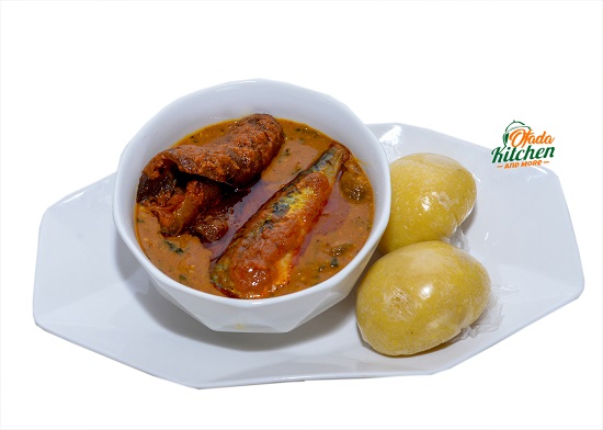 Eba with Ogbonno, Stewed Fish & Stewed Ponmo
