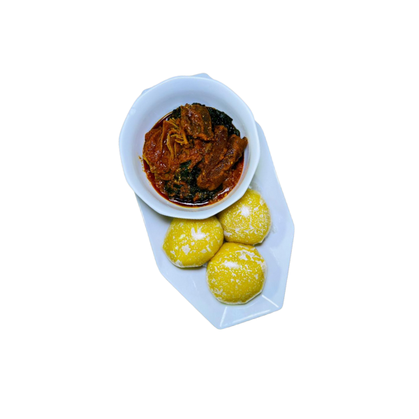 Eba+ Efo Riro+ Stewed Beef + Assorted + Stewed Ponmo