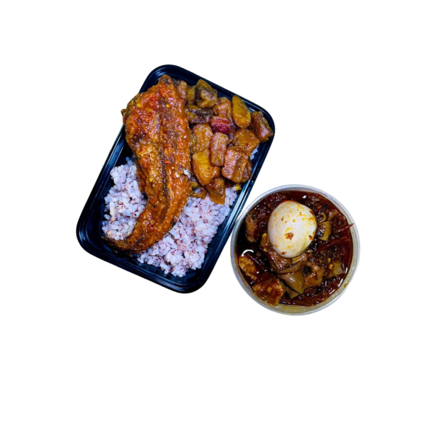 Ofada Rice + Ofada Sauce + Plantain + Boiled Egg + Peppered Fried Fish (Big)