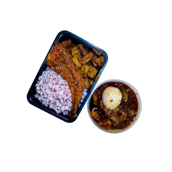 Ofada Rice + Ofada Sauce + Plantain + Boiled Egg + Peppered Fried Fish
