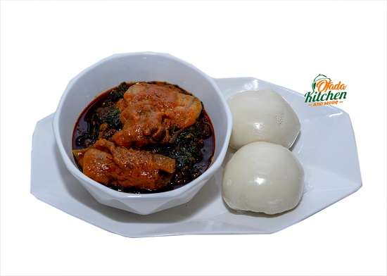 Pounded Yam with Efo Riro, Stewed Goat Meat & Ponmo