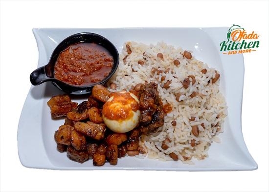 Rice & Beans + Plantain + Pepper Sauce + Boiled Egg + Peppered Beef