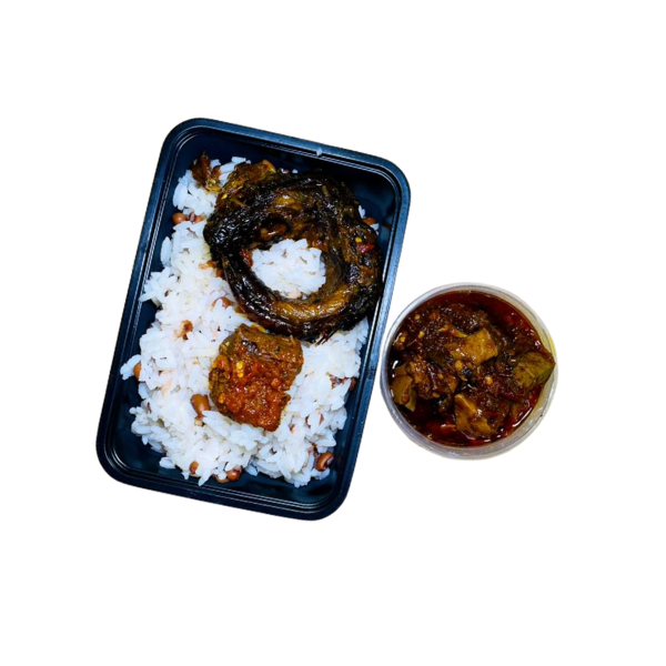 Rice & Beans + Ofada Sauce + Peppered Beef + Peppered Panla Kika