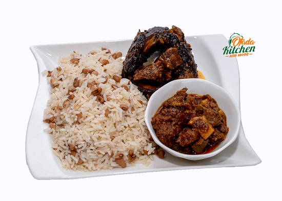 Rice & Beans + Ofada Sauce + Peppered Beef + Peppered Panla Kika