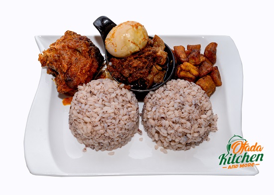 Small Ofada Rice & Ofada Sauce with Plantain, Boiled Egg and Peppered Fried Fish