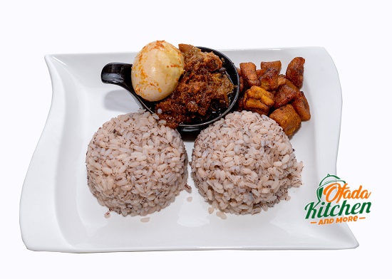 Small Ofada Rice & Ofada Sauce with Plantain and Boiled Egg