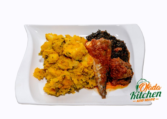Yam Porridge Combo & Efo Riro, Peppered Boiled Fish, Peppered Beef