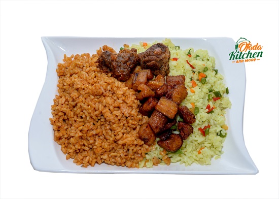 Jollof Rice & Fried Rice with Peppered Beef & Plantain